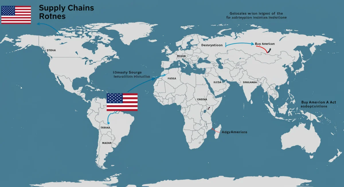Global supply chain network with a highlighted US section, illustrating Buy American Act impact.