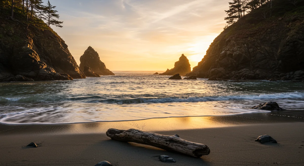 Hidden cove beach at sunset with golden light and driftwood, symbolizing tranquility.