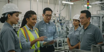 Manufacturing team reviewing data on a tablet in a modern factory