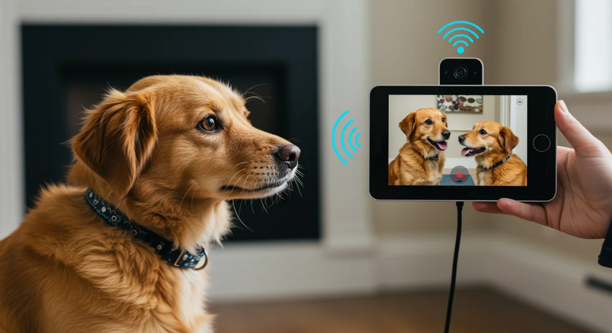 Pet owner using two-way video communication device to interact with their dog remotely.