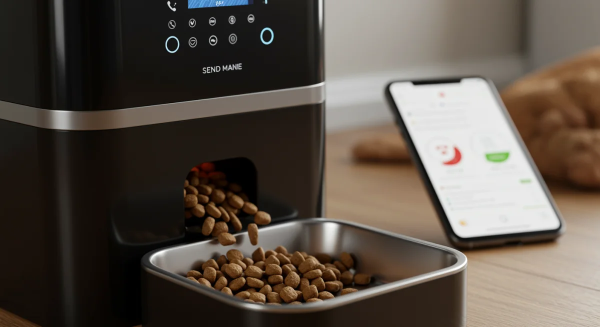 Modern automatic pet feeder with smartphone app displaying feeding schedule and nutrition.