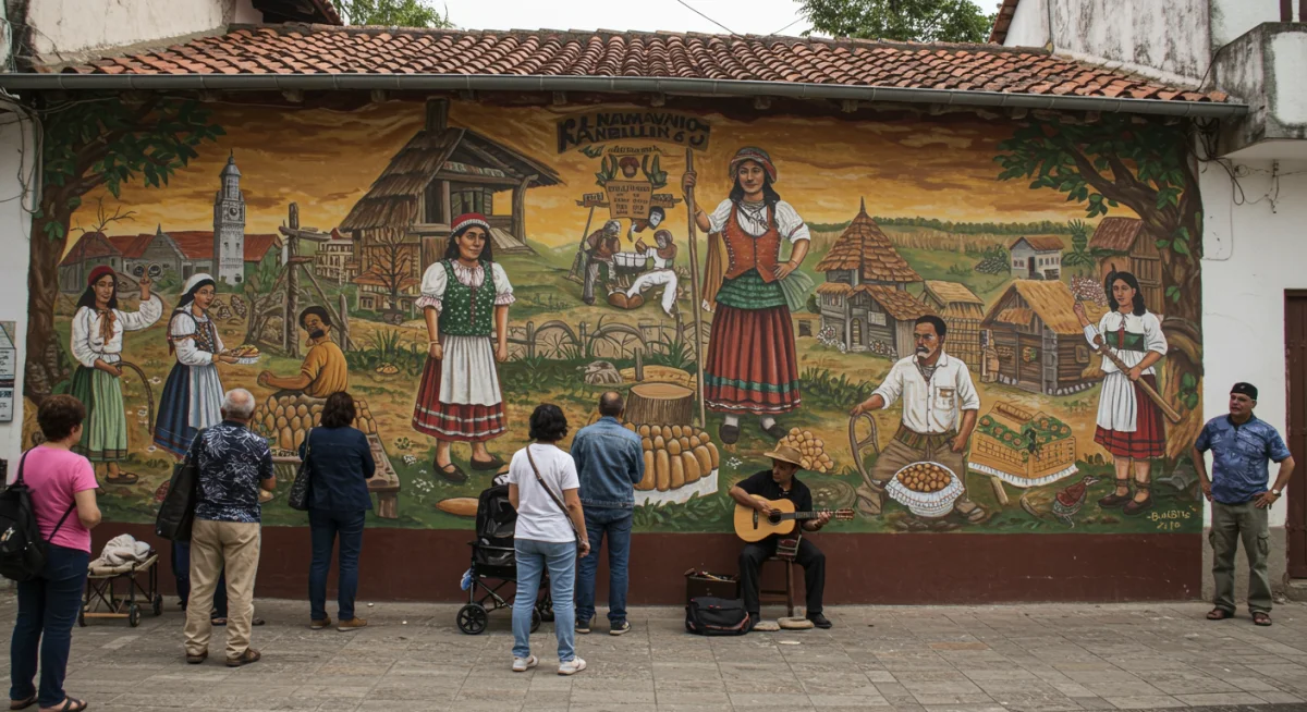 Vibrant street art mural depicting local history in a small town